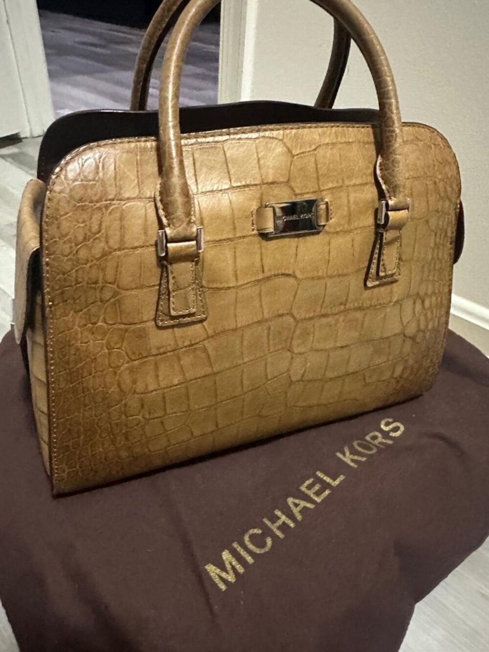Michael Kors Gia Brown Crocodile Embossed Leather Satchel Handbag